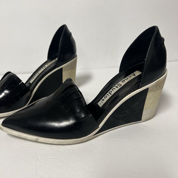 Acne Studios Black Patent D’Orsay Wedge Heels 39 US 8.5 Fringe Vamp Sculptural - Picture 3 of 10